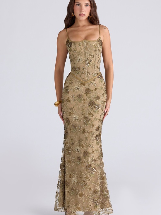 House of CB Dresses & Skirts - House of CB Naima Olive Bronze Hand Beaded Embellished Corset Dress